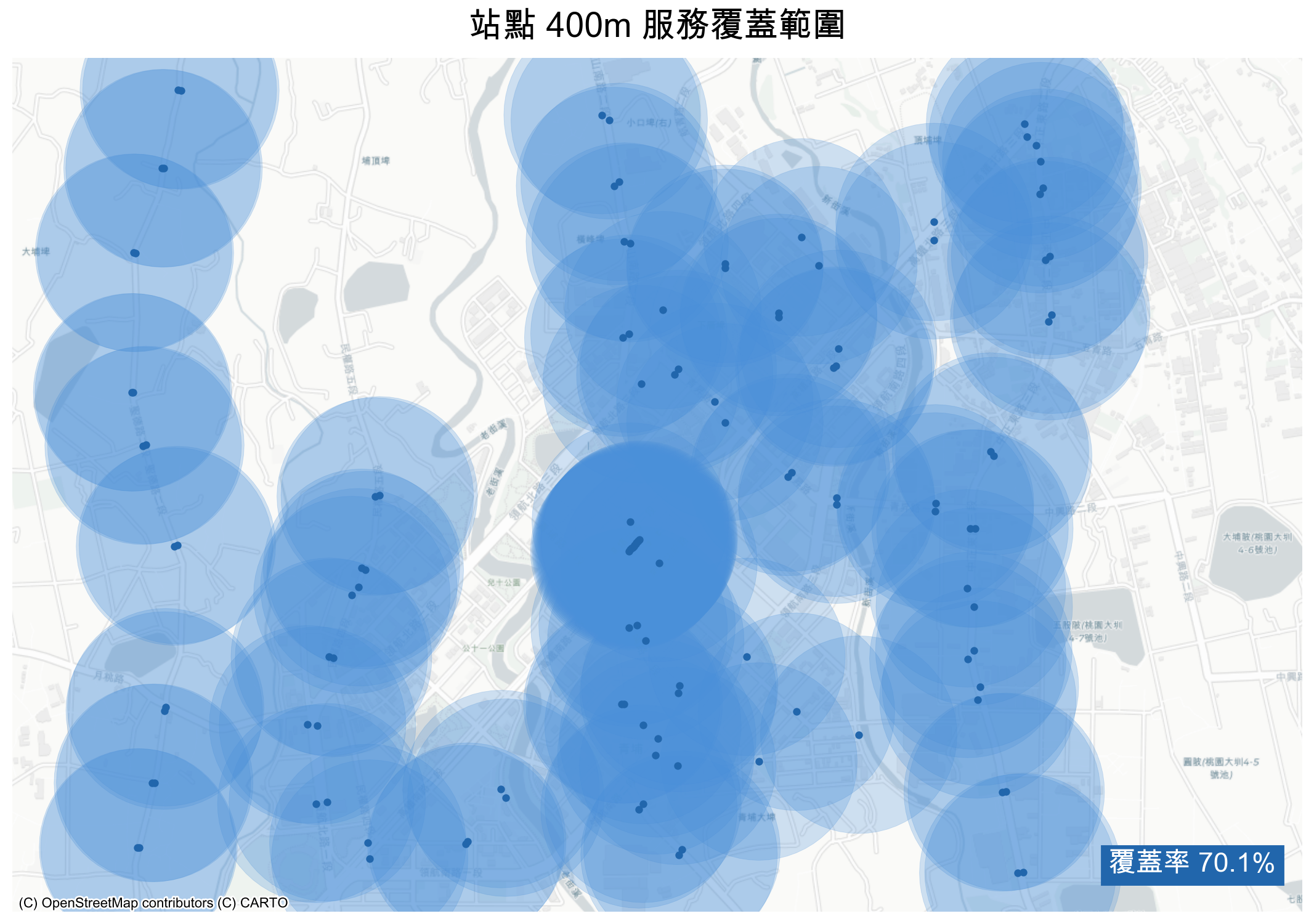 服務覆蓋率分析圖 - 顯示 123 個公車站點的 400m 緩衝區覆蓋範圍